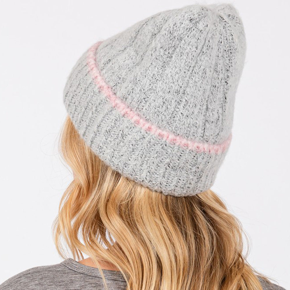 Madeline Love Gray Two Tone Line Detailed Beanie Hat - Hats - extra