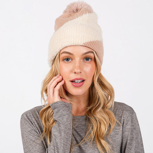 Beige Fuzzy Detailed Fleece Pom Pom Beanie Hat