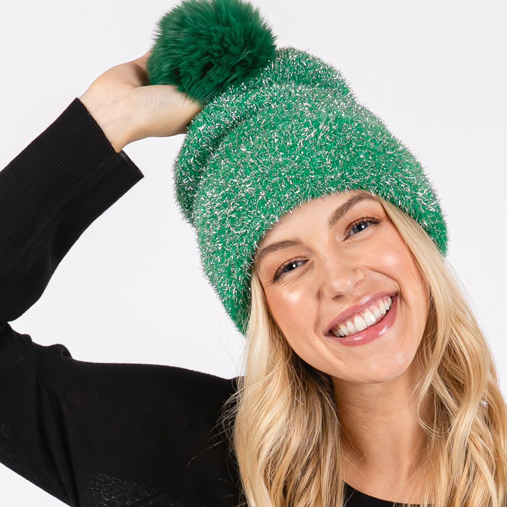 Madeline Love Green Lurex Mixed Pom Pom Beanie Hat - Hats