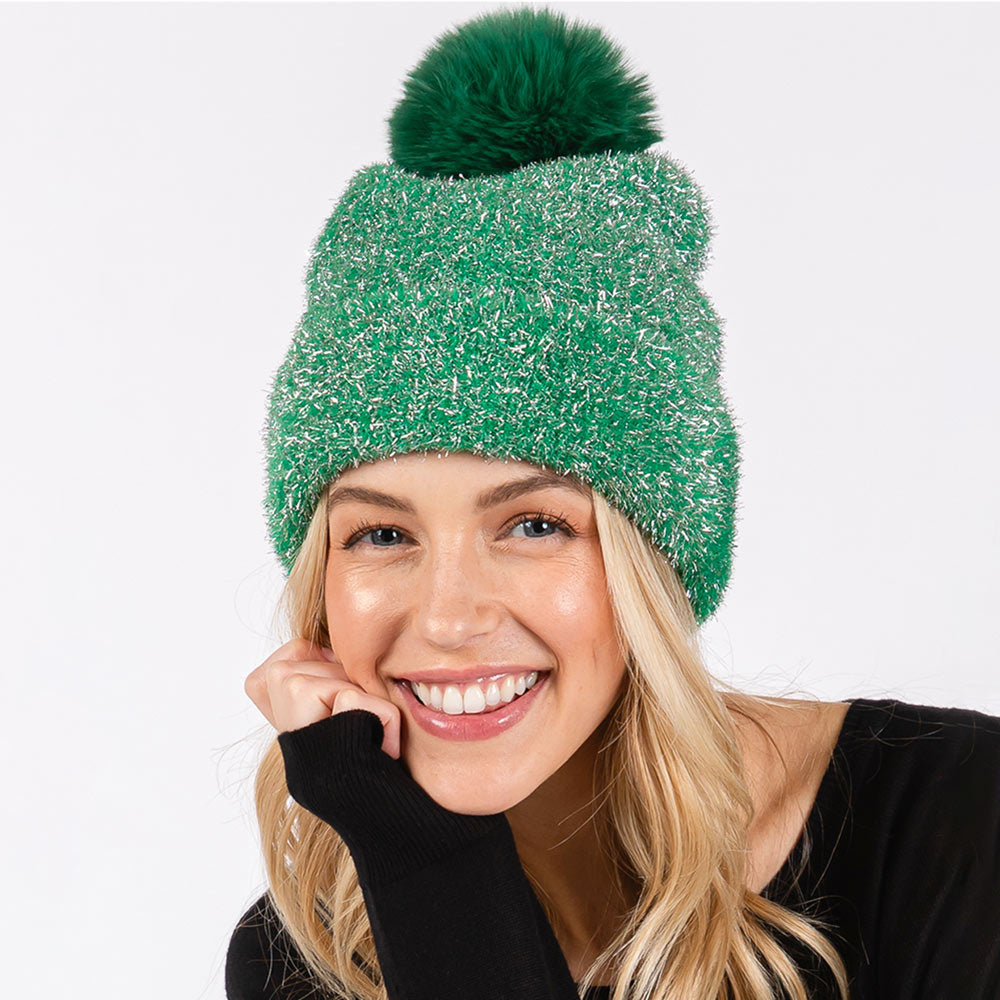 Madeline Love Green Lurex Mixed Pom Pom Beanie Hat - Hats - desc