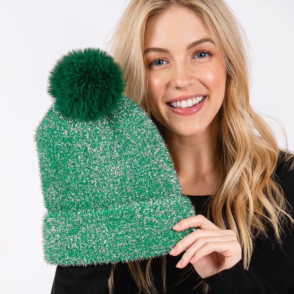 Madeline Love Green Lurex Mixed Pom Pom Beanie Hat - Hats - extra