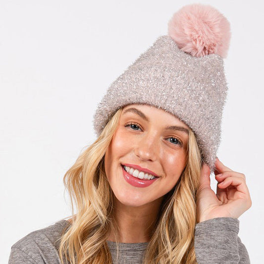 Madeline Love Pink Lurex Mixed Pom Pom Beanie Hat - Hats