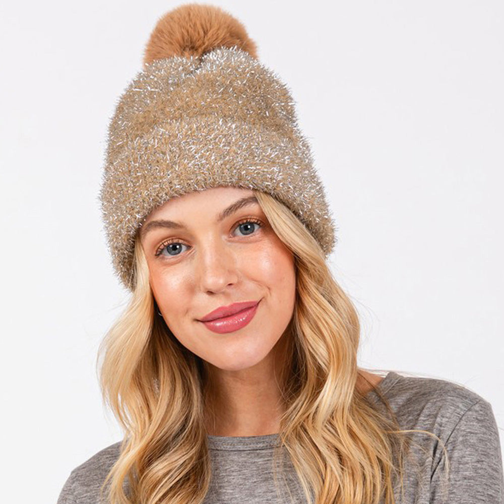 Madeline Love Taupe Lurex Mixed Pom Pom Beanie Hat - Hats