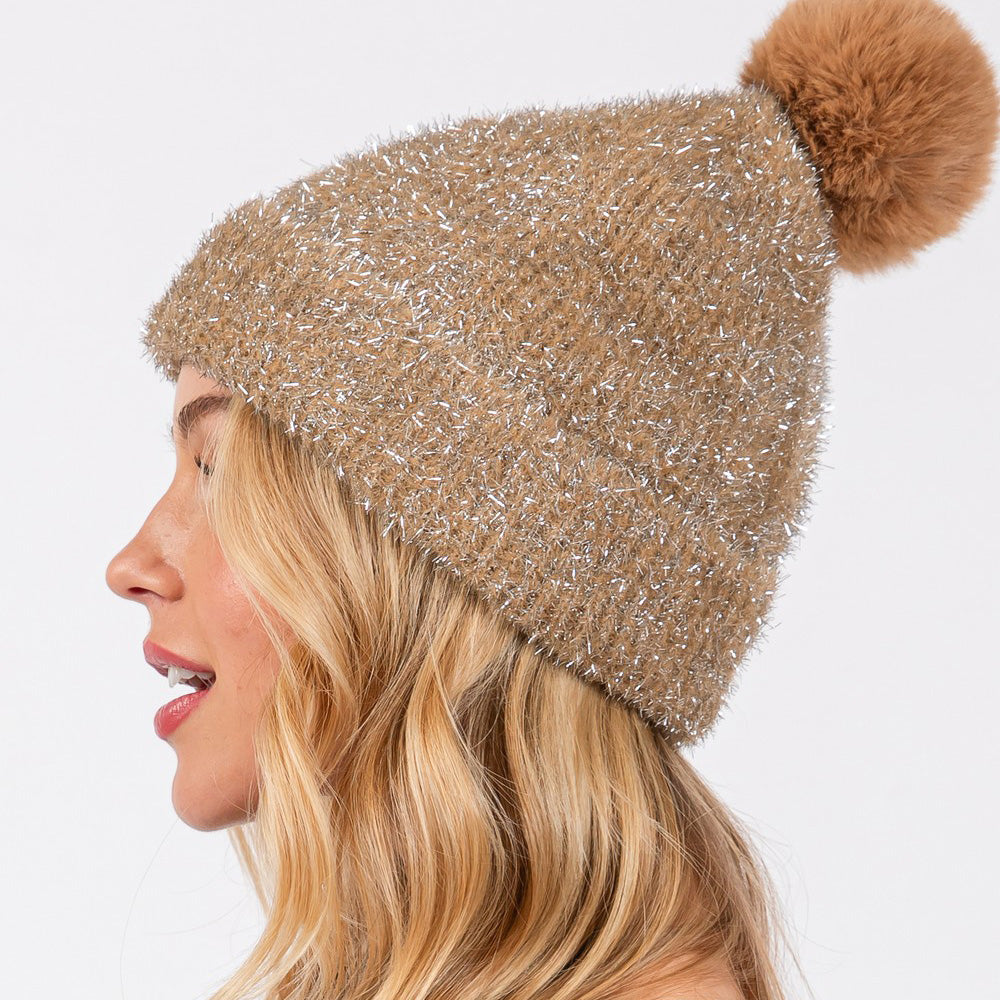 Madeline Love Taupe Lurex Mixed Pom Pom Beanie Hat - Hats - desc