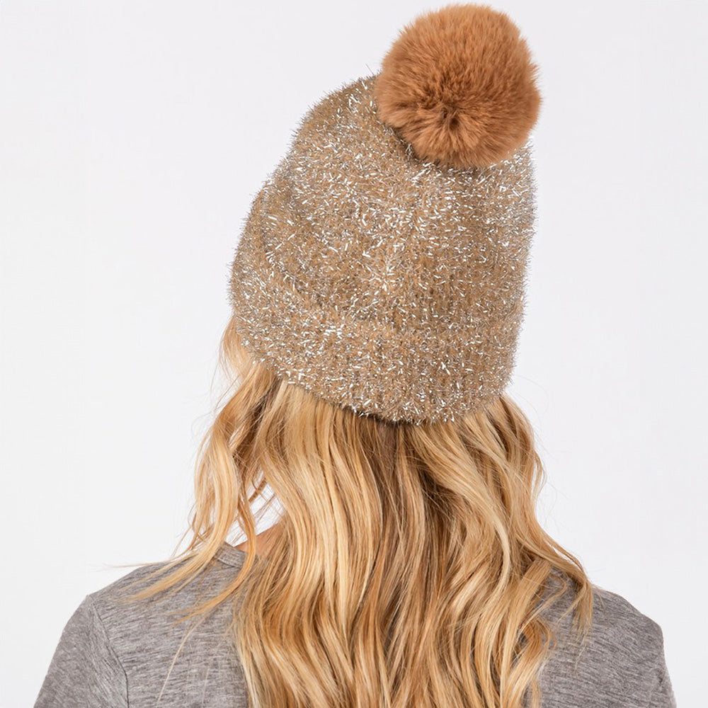Madeline Love Taupe Lurex Mixed Pom Pom Beanie Hat - Hats - extra