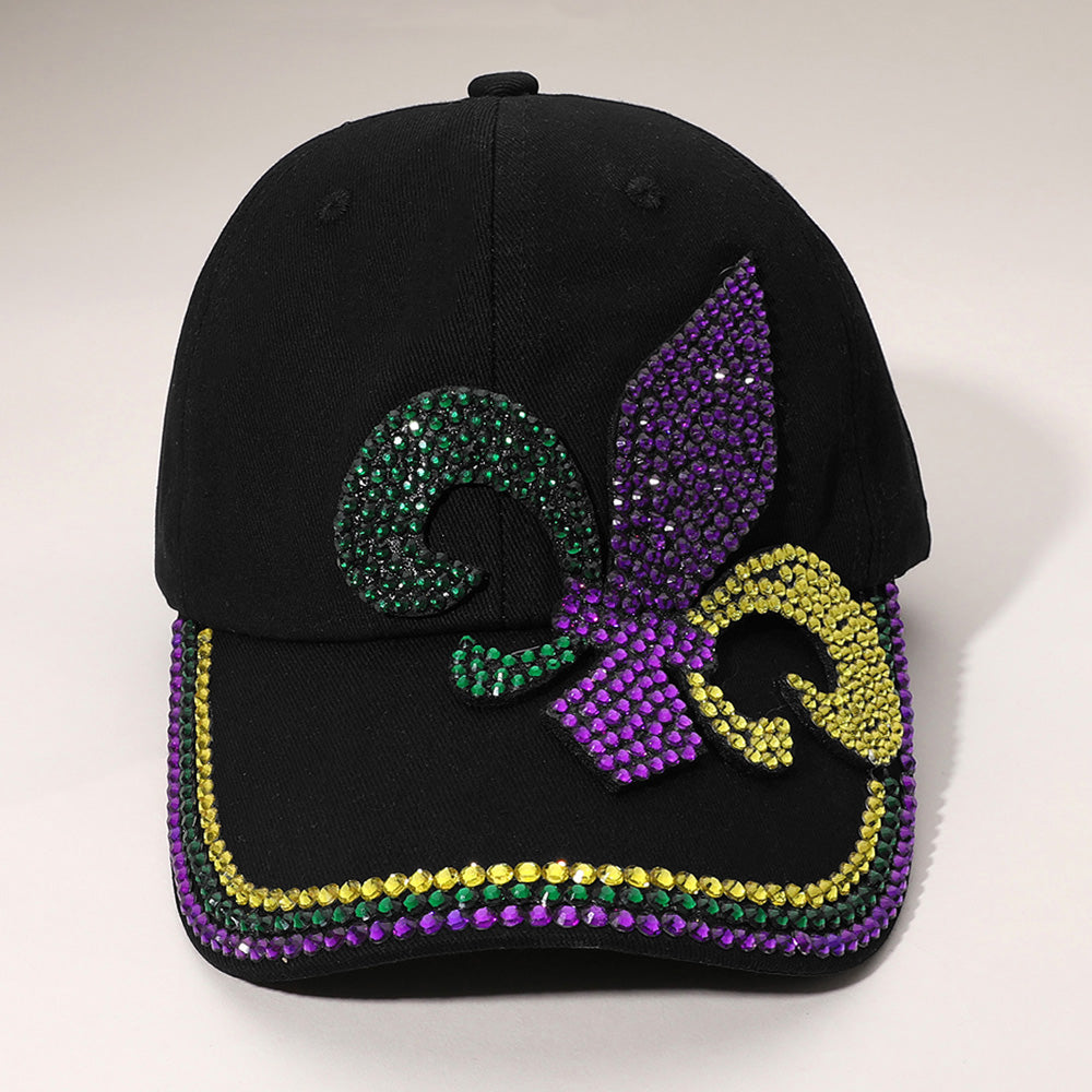 Black Bling Studded Mardi Gras Fleur de Lis Baseball Cap