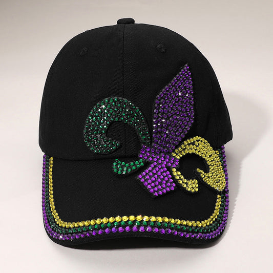 Black Bling Studded Mardi Gras Fleur de Lis Baseball Cap