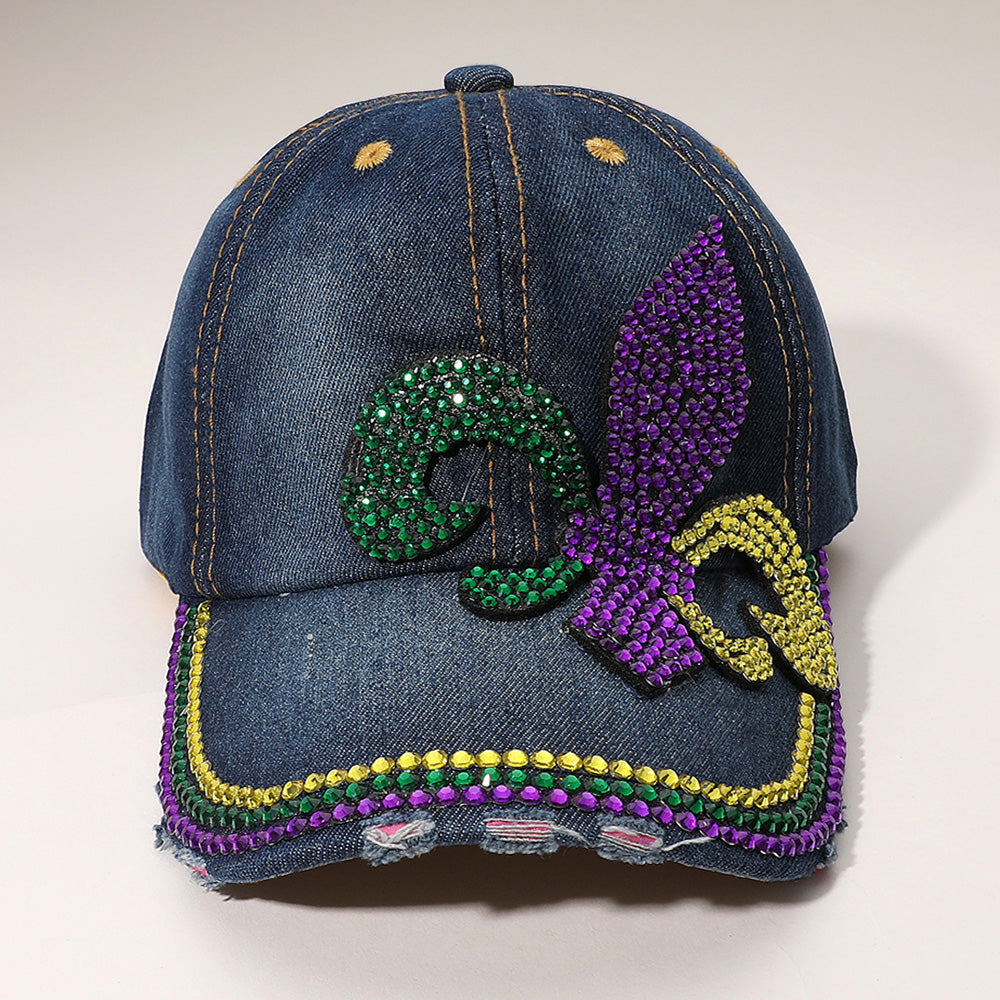 Denim Bling Studded Mardi Gras Fleur de Lis Baseball Cap