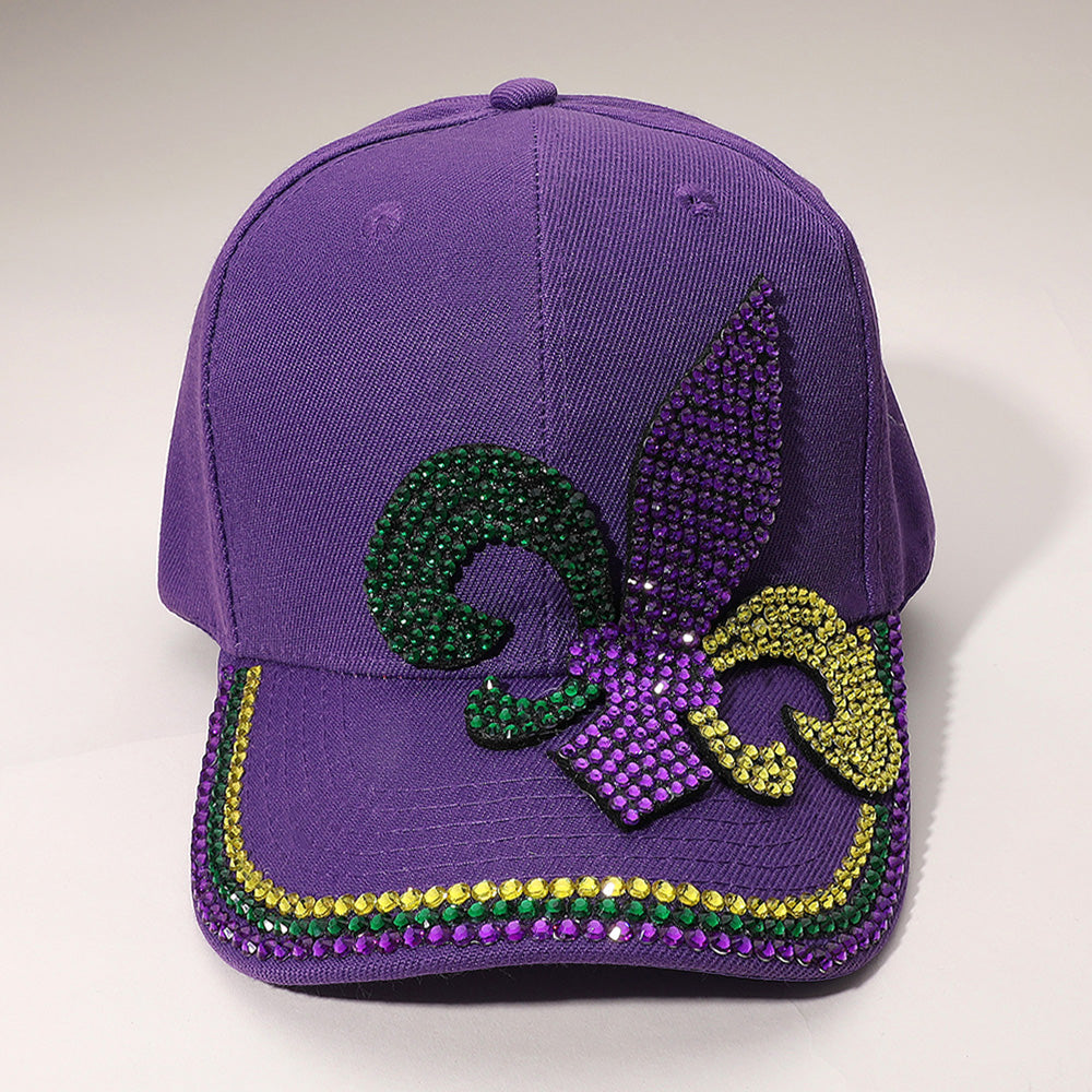 Purple Bling Studded Mardi Gras Fleur de Lis Baseball Cap
