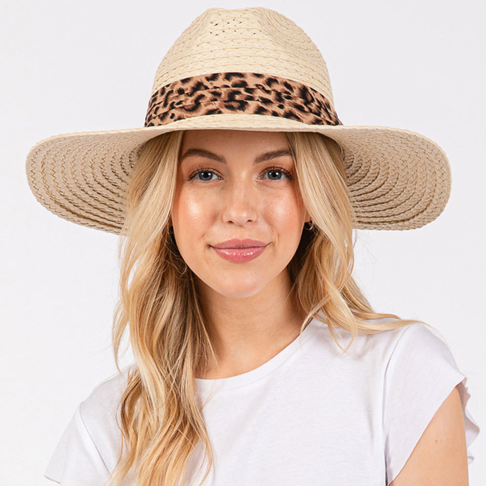 Madeline Love Beige Leopard Band Straw Sun Hat - Hats