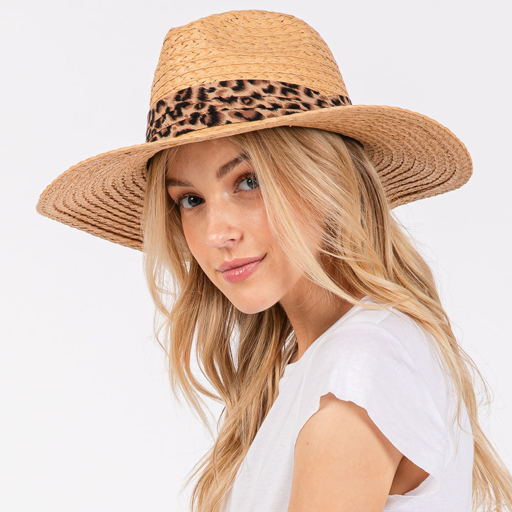 Madeline Love Taupe Leopard Band Straw Sun Hat - Hats
