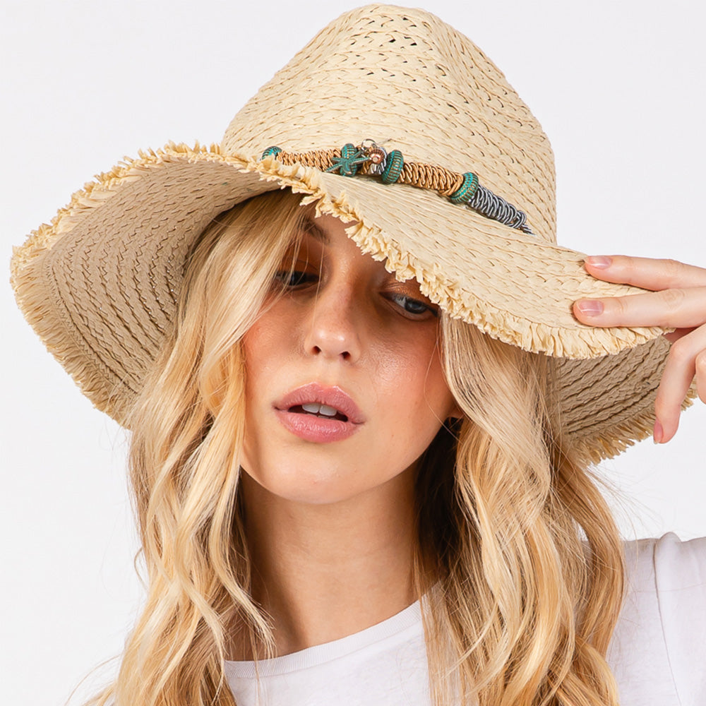 Beige Frayed Straw Sun Hat with Braided Starfish Band