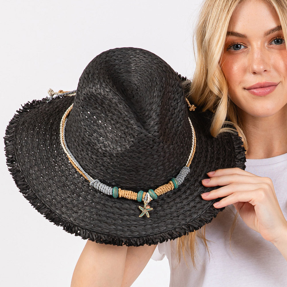 Black Frayed Straw Sun Hat with Braided Starfish Band