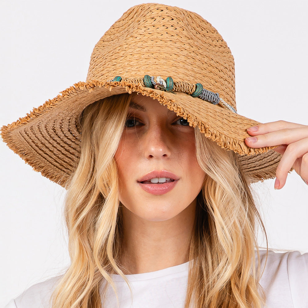 Taupe Frayed Straw Sun Hat with Braided Starfish Band