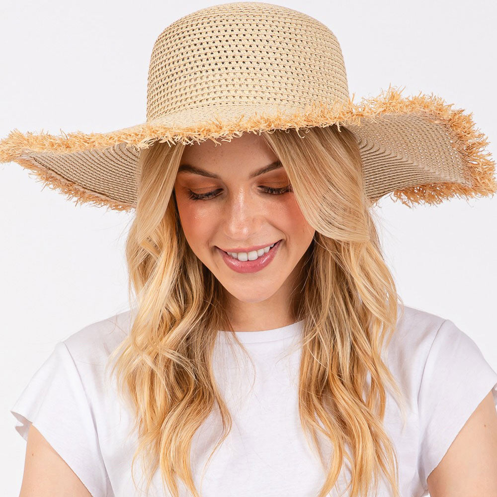 Madeline Love Beige Frayed Edge Floppy Straw Sun Hat - Hats