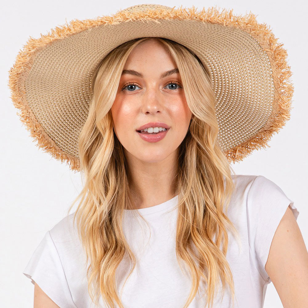 Madeline Love Beige Frayed Edge Floppy Straw Sun Hat - Hats - desc