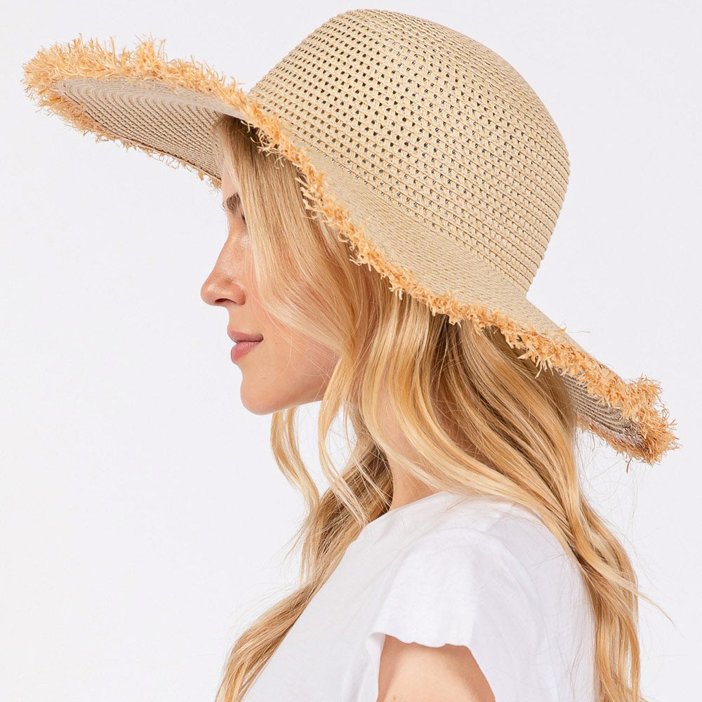 Madeline Love Beige Frayed Edge Floppy Straw Sun Hat - Hats - extra