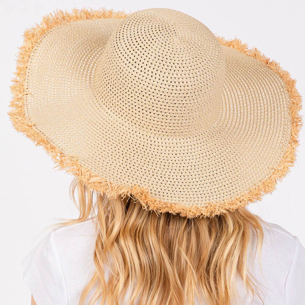 Madeline Love Beige Frayed Edge Floppy Straw Sun Hat - Hats - extra