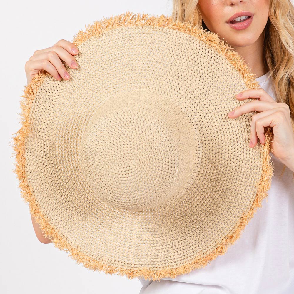 Madeline Love Beige Frayed Edge Floppy Straw Sun Hat - Hats - extra