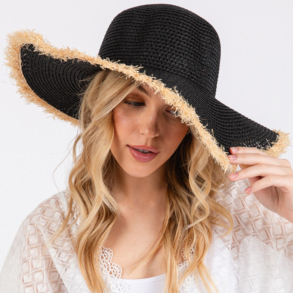 Madeline Love Black Frayed Edge Floppy Straw Sun Hat - Hats