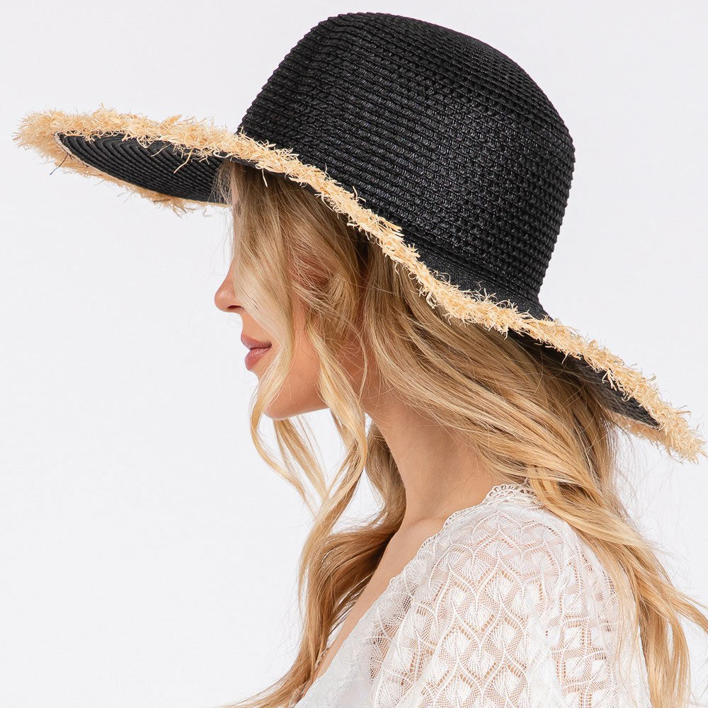 Madeline Love Black Frayed Edge Floppy Straw Sun Hat - Hats - desc