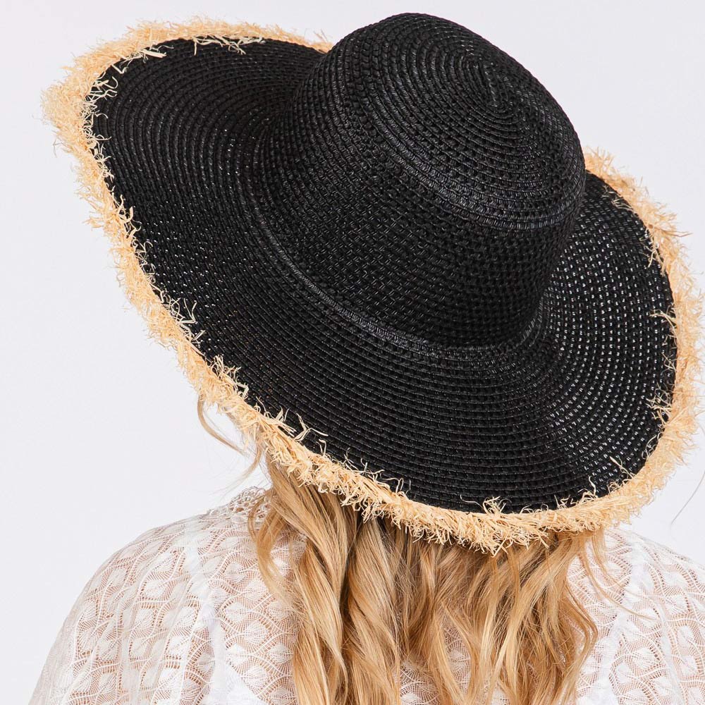 Madeline Love Black Frayed Edge Floppy Straw Sun Hat - Hats - extra