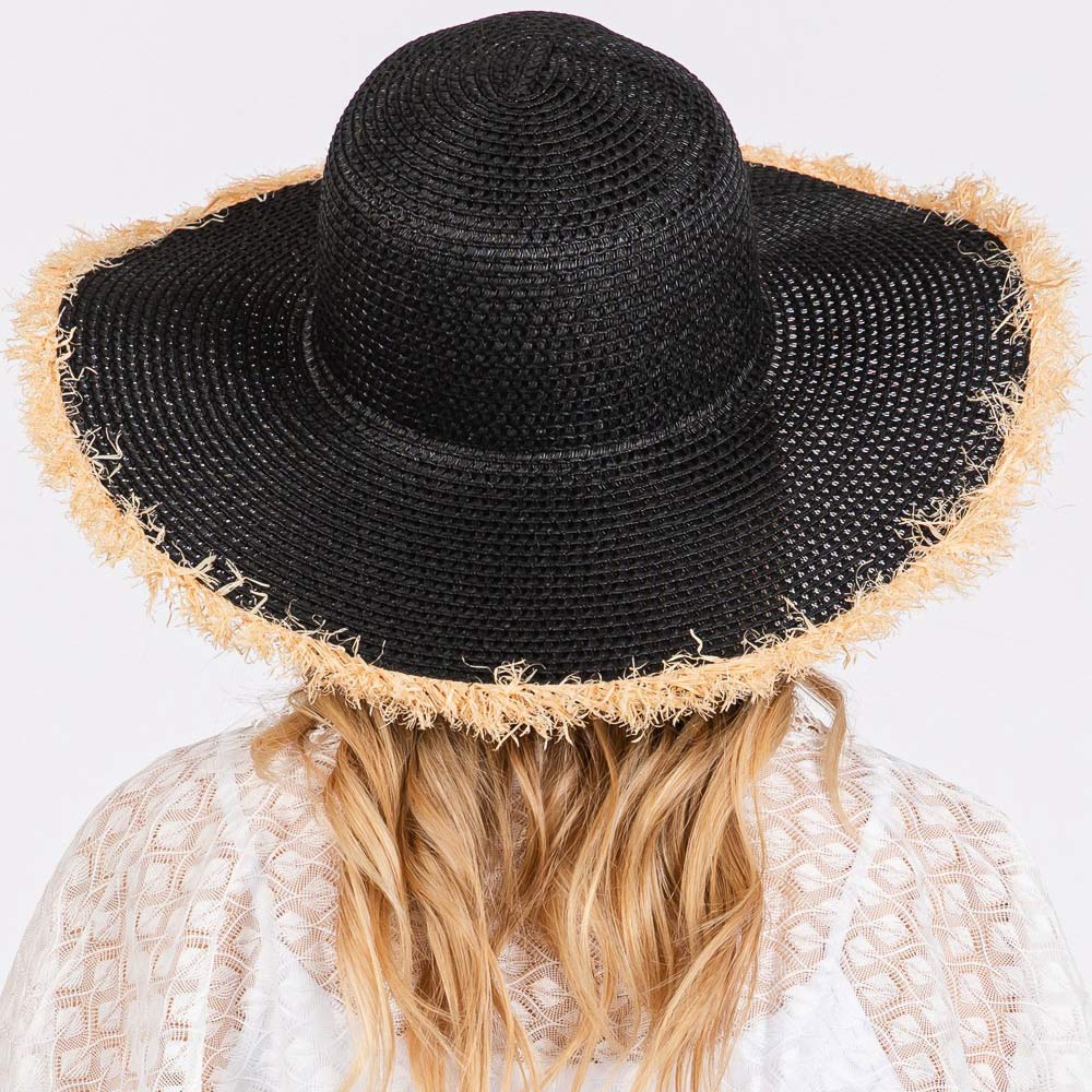 Madeline Love Black Frayed Edge Floppy Straw Sun Hat - Hats - extra