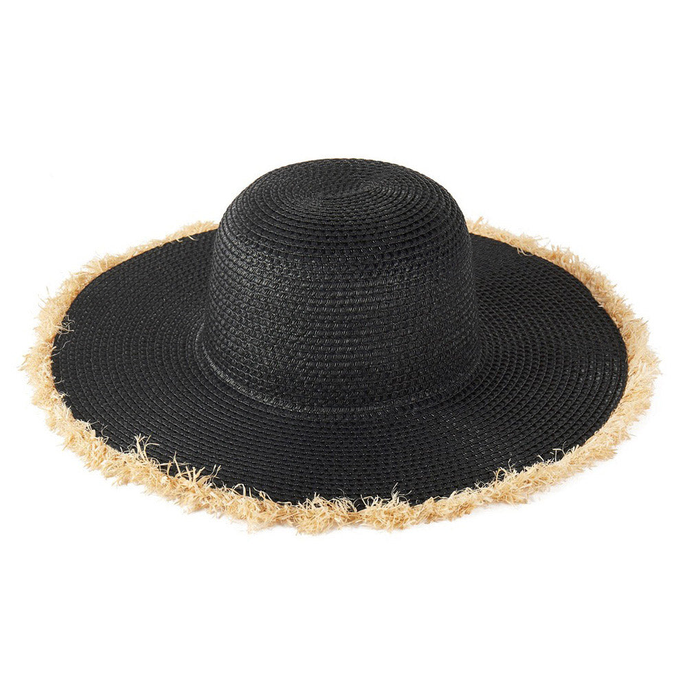 Madeline Love Black Frayed Edge Floppy Straw Sun Hat - Hats - extra