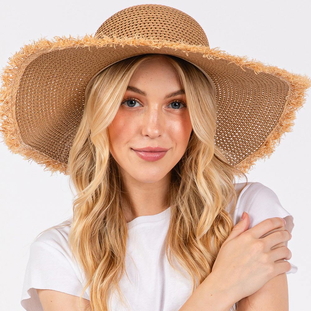 Madeline Love Taupe Frayed Edge Floppy Straw Sun Hat - Hats