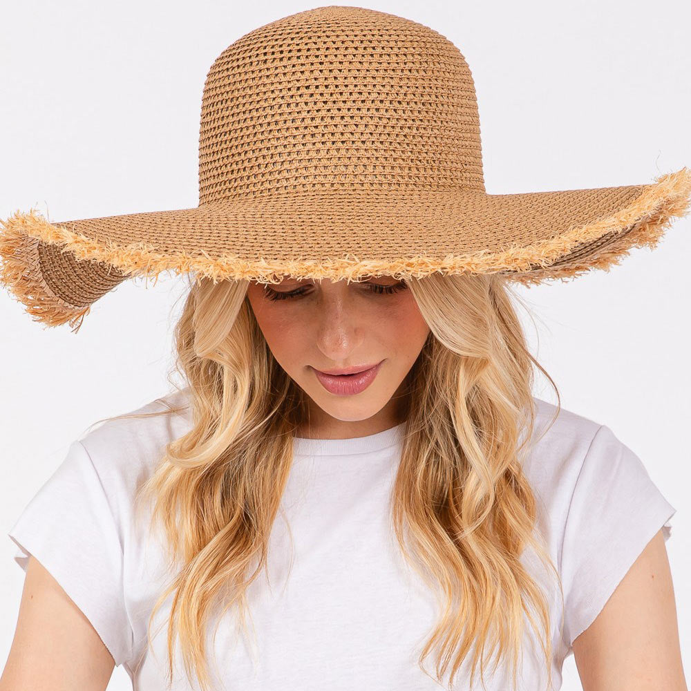 Madeline Love Taupe Frayed Edge Floppy Straw Sun Hat - Hats - desc