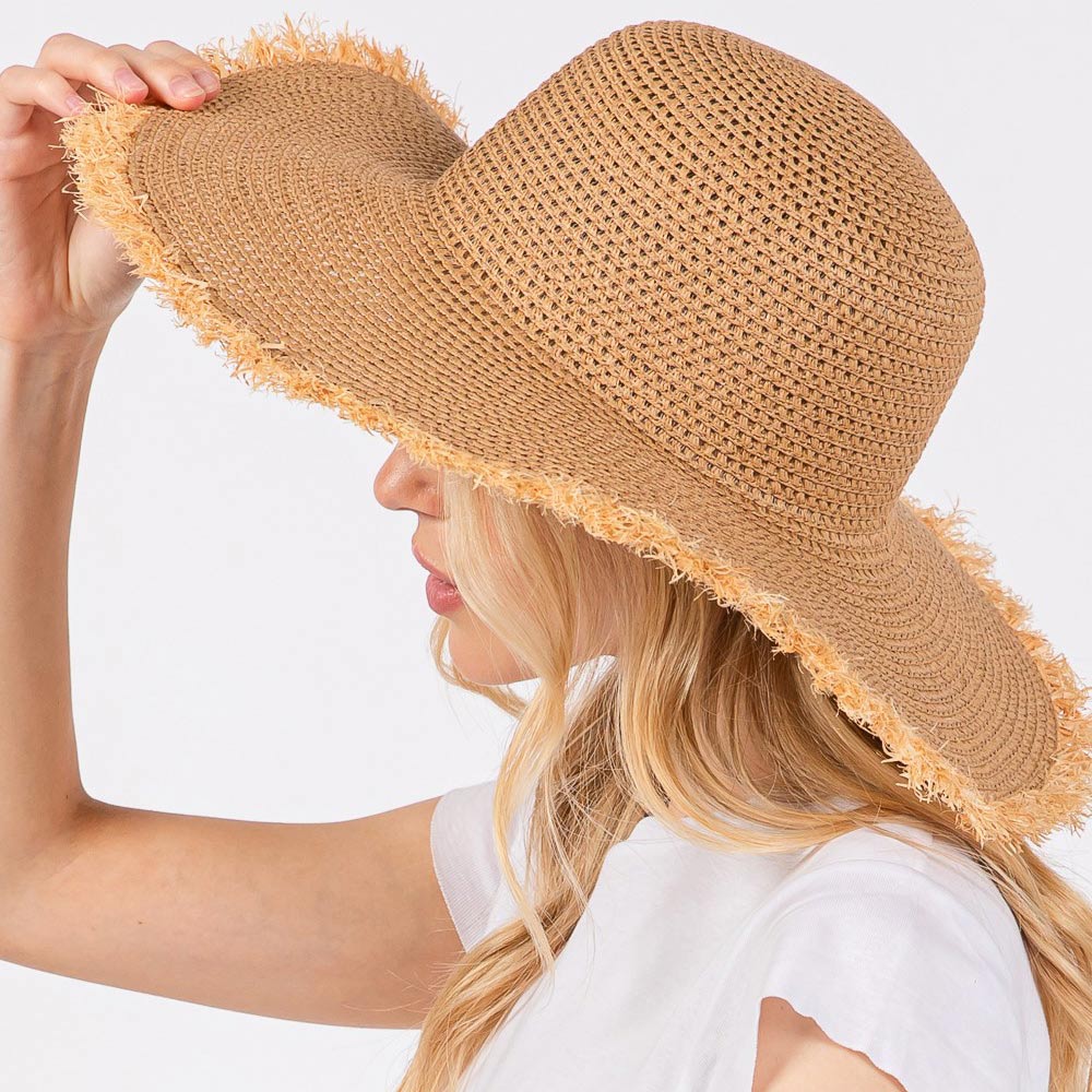 Madeline Love Taupe Frayed Edge Floppy Straw Sun Hat - Hats - extra