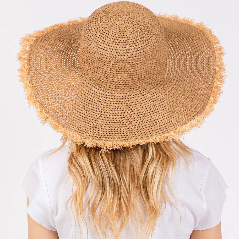 Madeline Love Taupe Frayed Edge Floppy Straw Sun Hat - Hats - extra