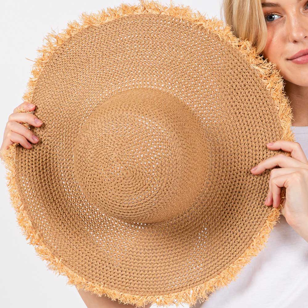 Madeline Love Taupe Frayed Edge Floppy Straw Sun Hat - Hats - extra