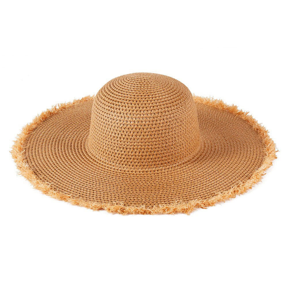 Madeline Love Taupe Frayed Edge Floppy Straw Sun Hat - Hats - extra