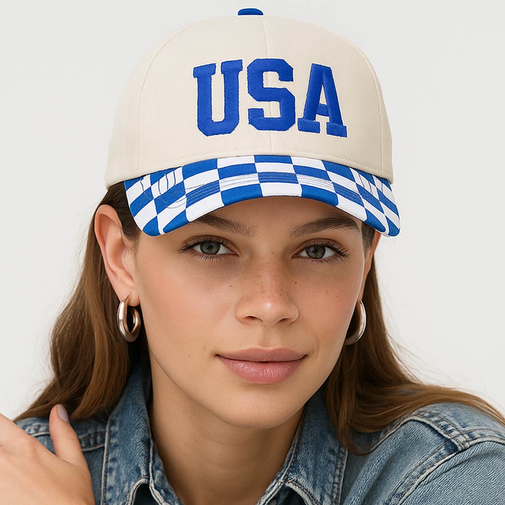 Madeline Love Royal Blue Checkered USA Embroidered Baseball Cap - Hats