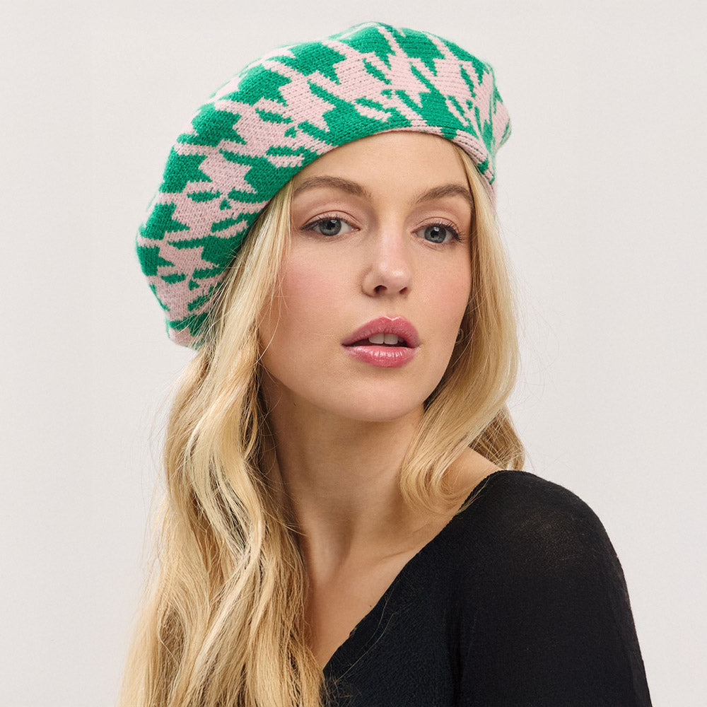 Madeline Love Pink&Green Houndstooth Knit Beret Hat - Hats