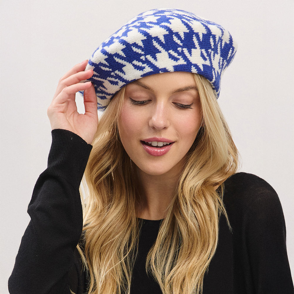 Madeline Love Royal Blue Houndstooth Knit Beret Hat - Hats