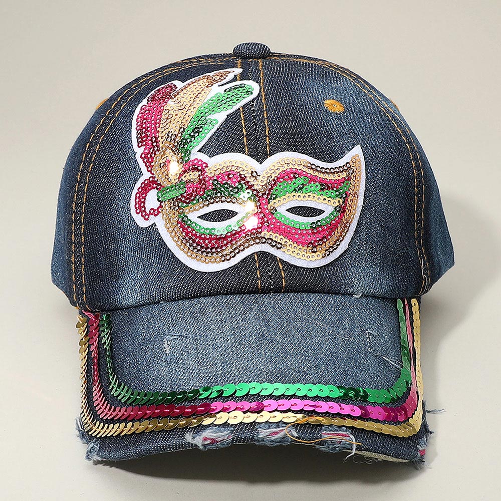Blue, Dark, Denim Sequin Mardi Gras Mask Patch Baseball Cap