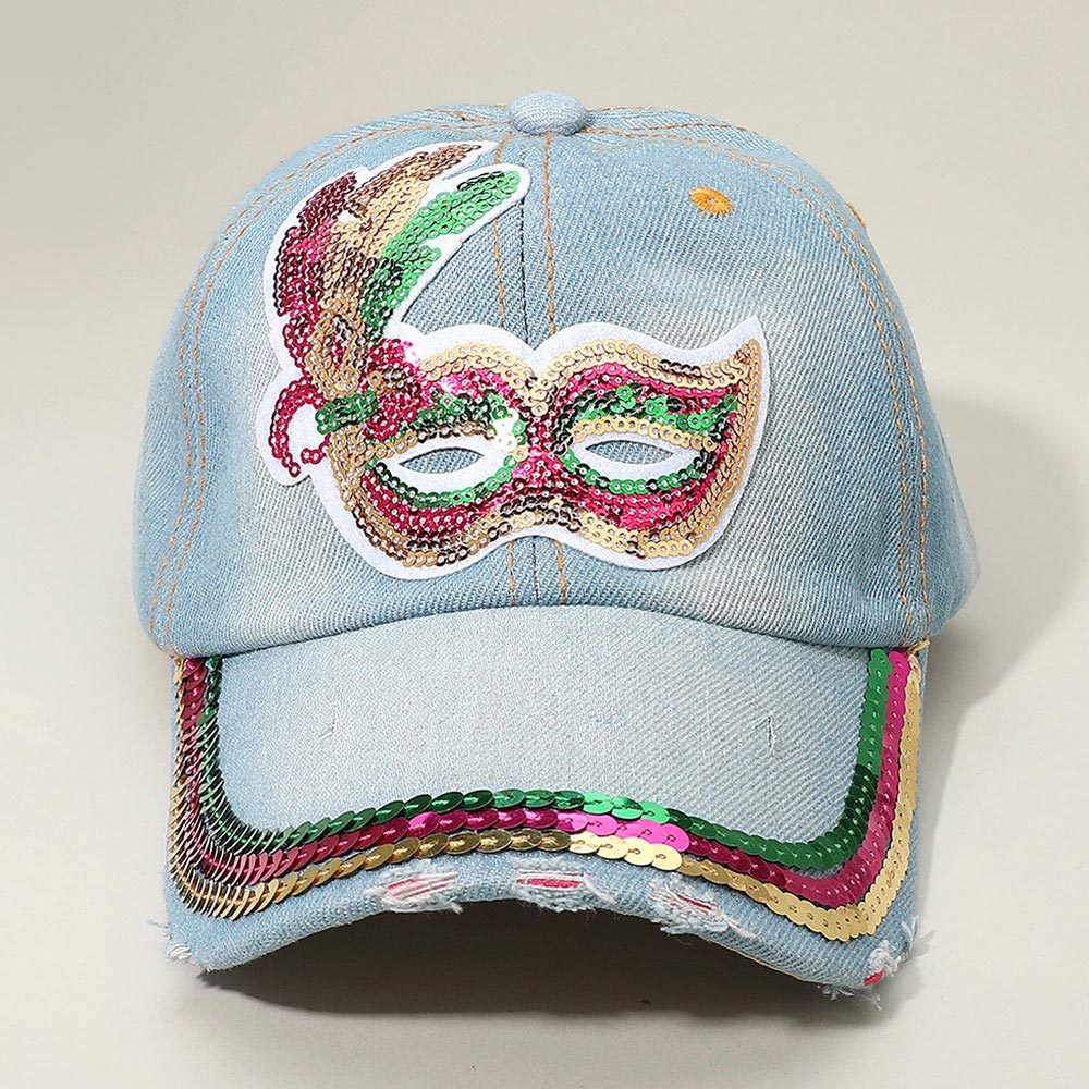 Blue, Denim, Light Sequin Mardi Gras Mask Patch Baseball Cap