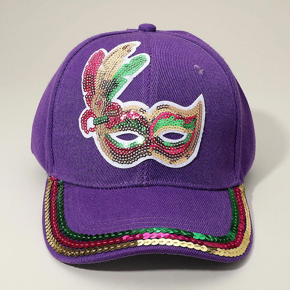 Purple Sequin Mardi Gras Mask Patch Baseball Cap