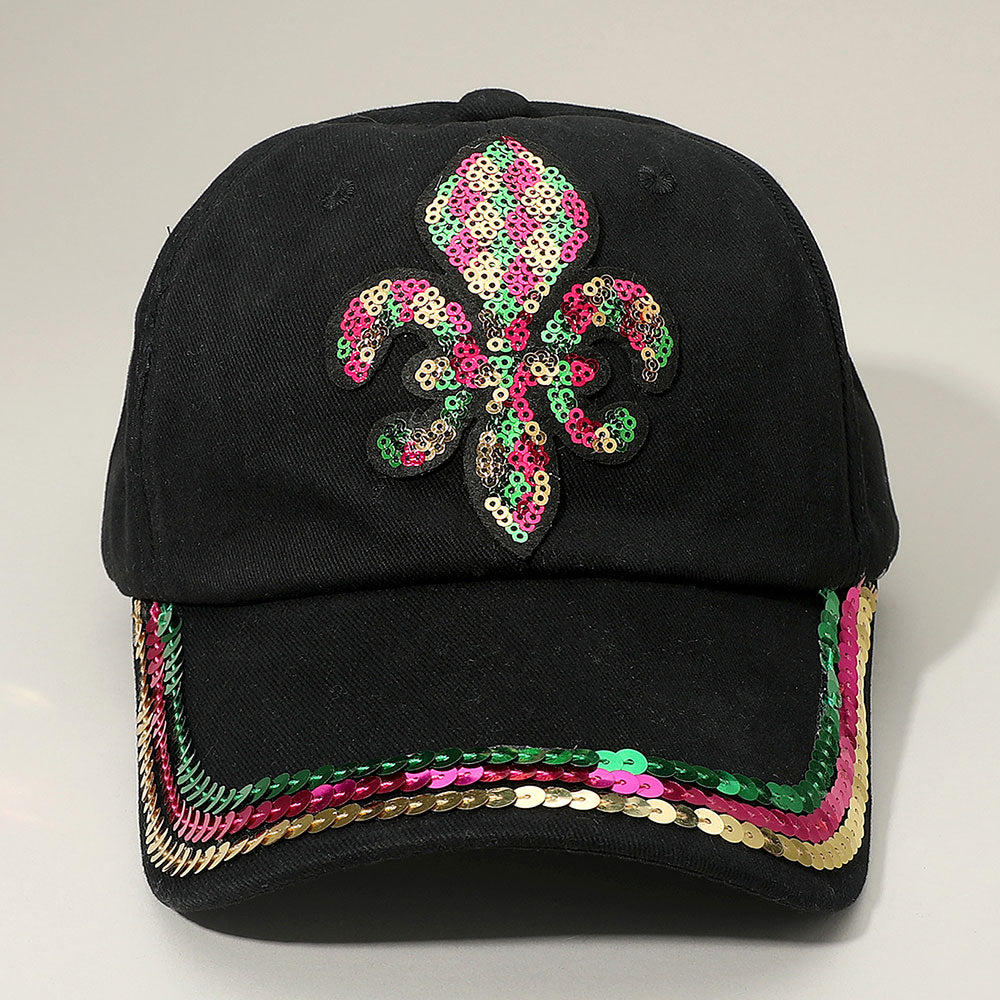Black Sequin Mardi Gras Fleur de Lis Patch Baseball Cap