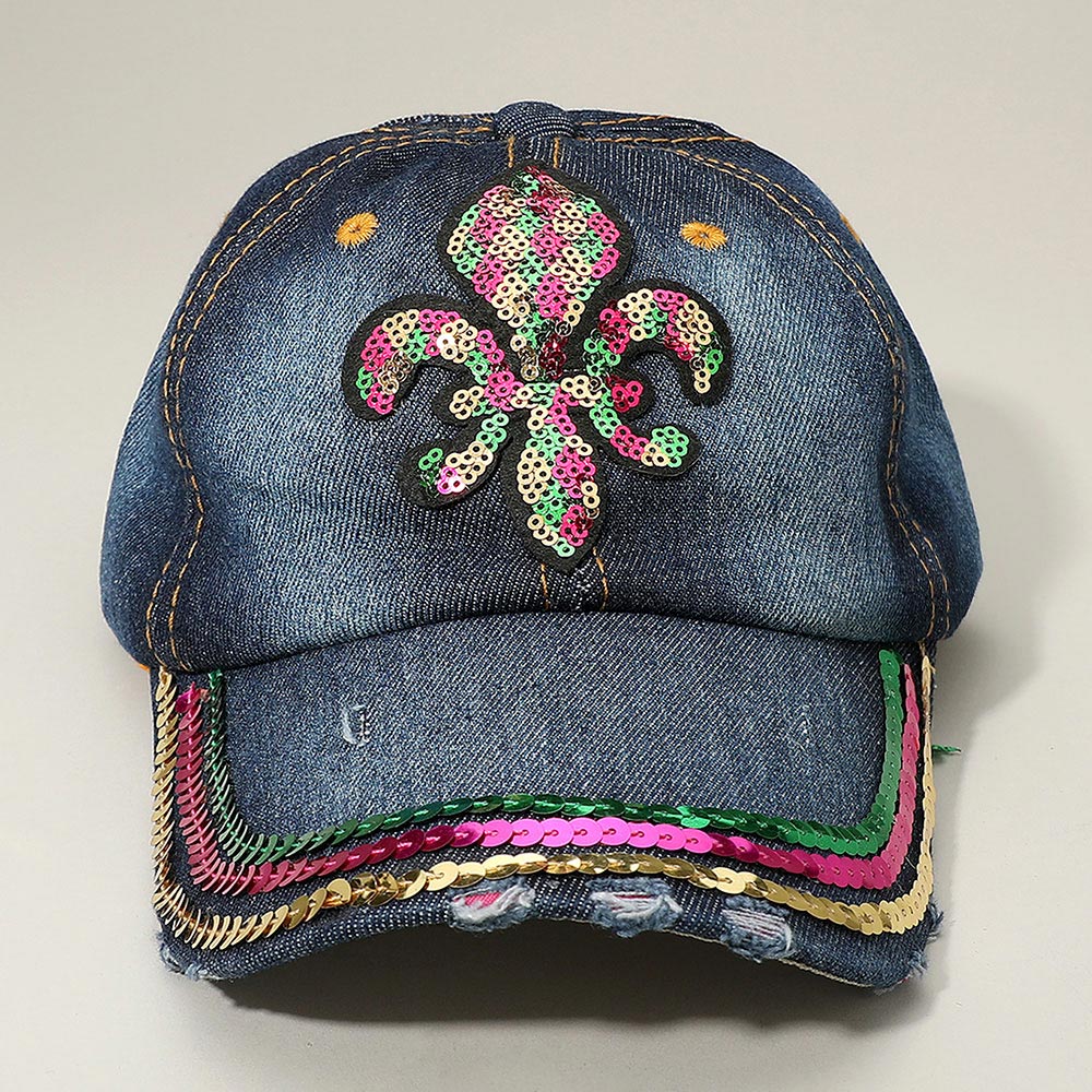 Blue, Dark, Denim Sequin Mardi Gras Fleur de Lis Patch Baseball Cap