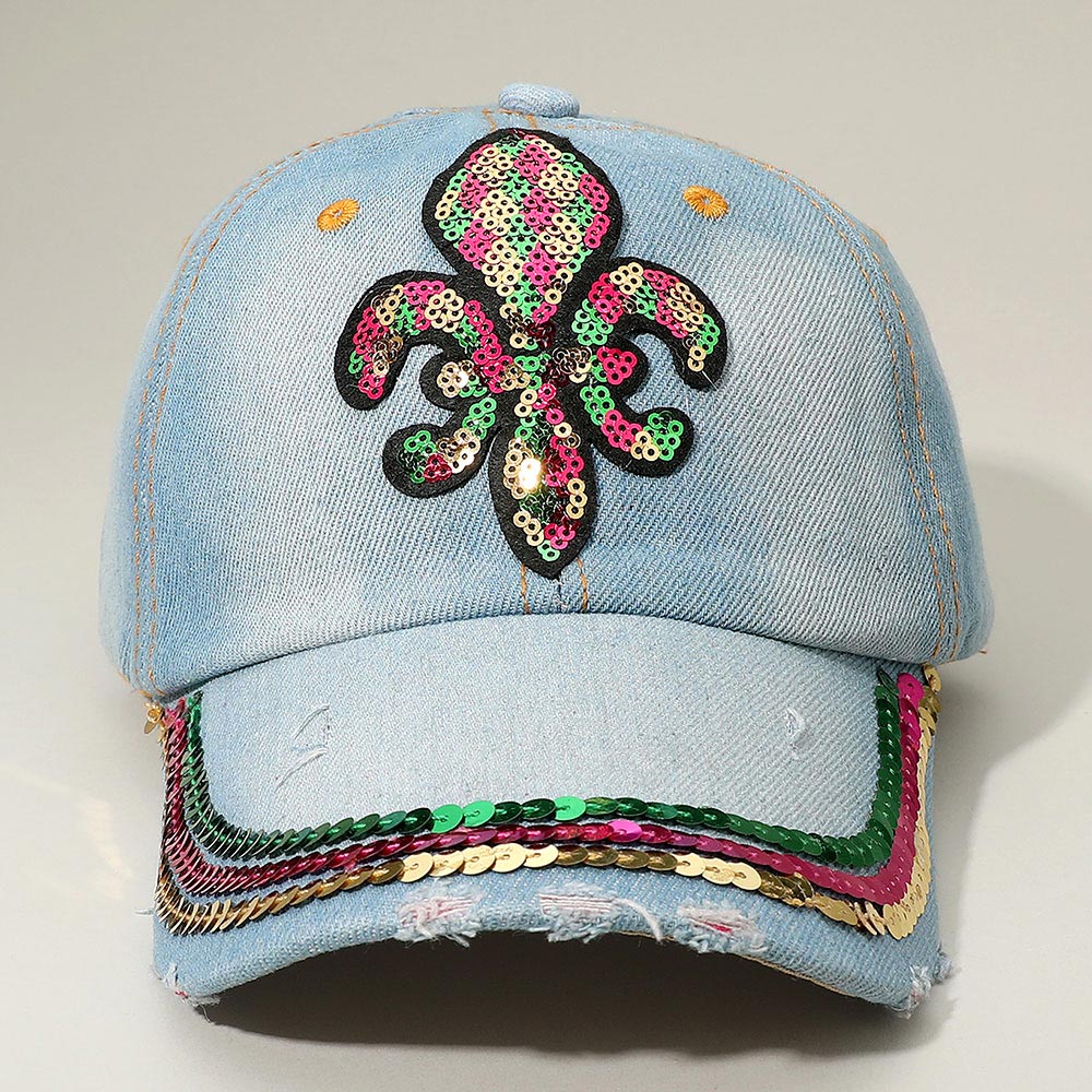 Blue, Denim, Light Sequin Mardi Gras Fleur de Lis Patch Baseball Cap