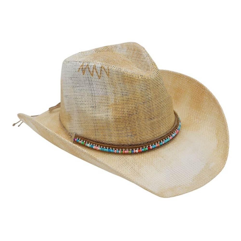 Madeline Love Beige Rustic Heishi Rhinestone Chain Band Western Straw Cowboy Hat - Hats - extra