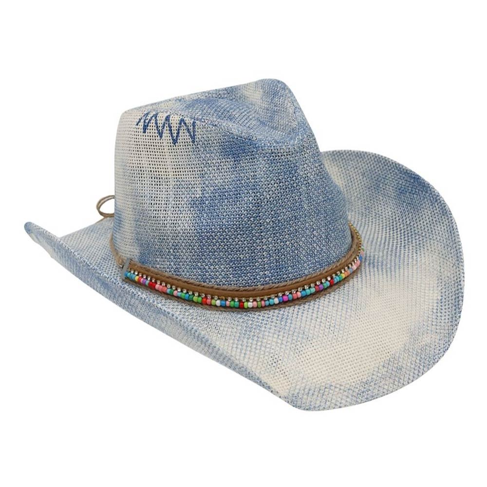Madeline Love Blue Rustic Heishi Rhinestone Chain Band Western Straw Cowboy Hat - Hats - desc