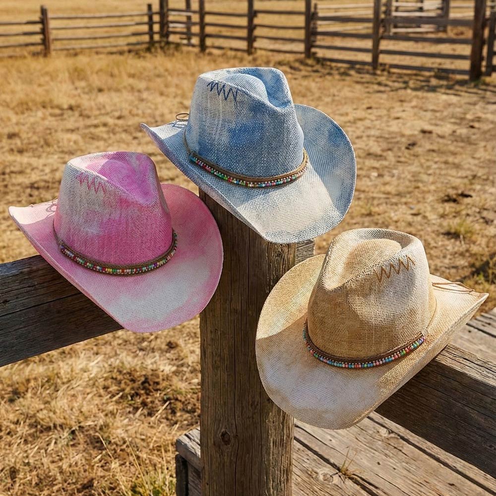 Madeline Love Blue Rustic Heishi Rhinestone Chain Band Western Straw Cowboy Hat - Hats - extra