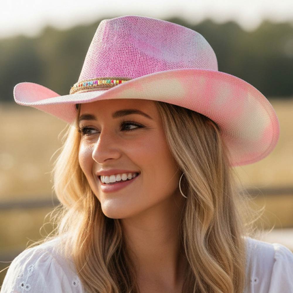 Madeline Love Pink Rustic Heishi Rhinestone Chain Band Western Straw Cowboy Hat - Hats