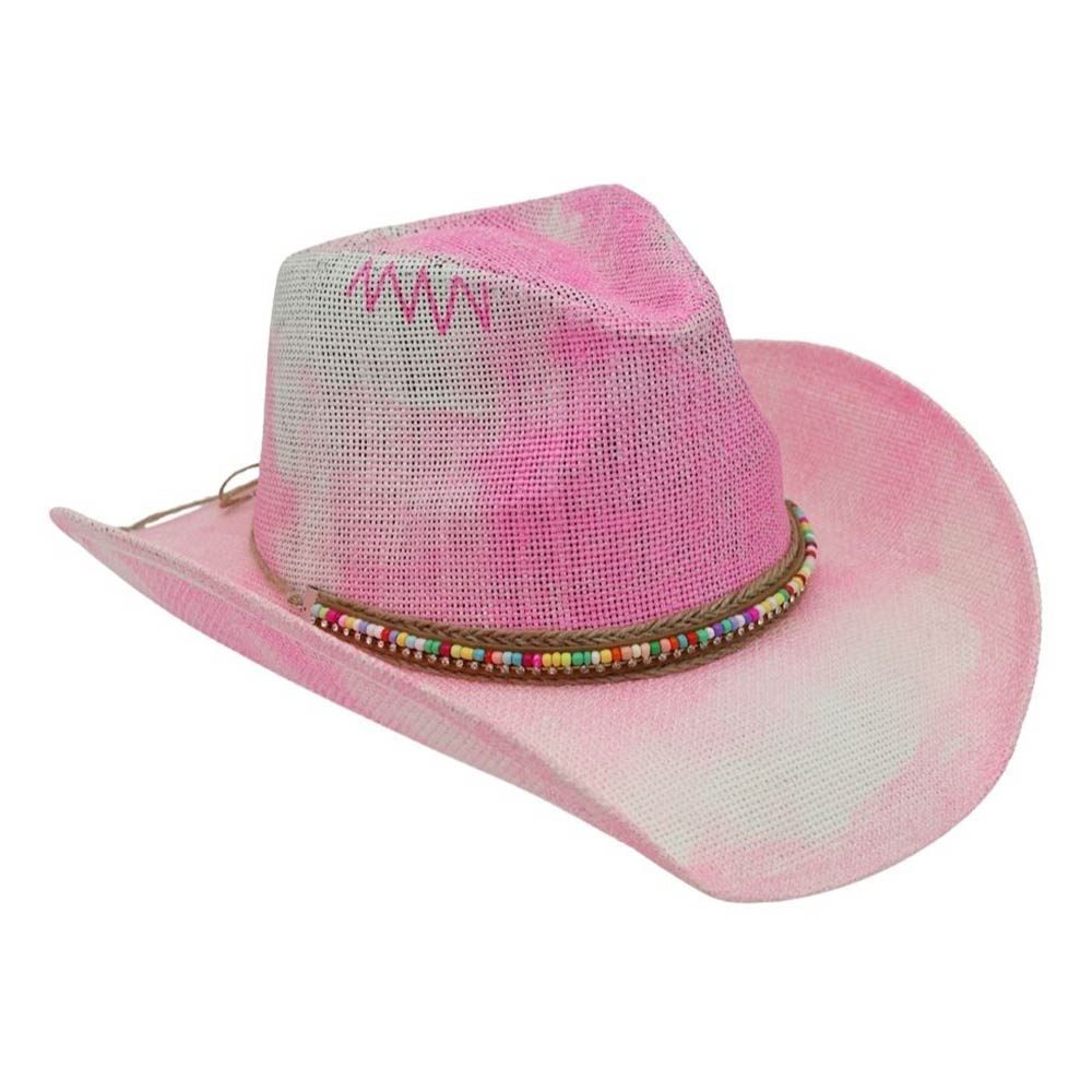 Madeline Love Pink Rustic Heishi Rhinestone Chain Band Western Straw Cowboy Hat - Hats - desc