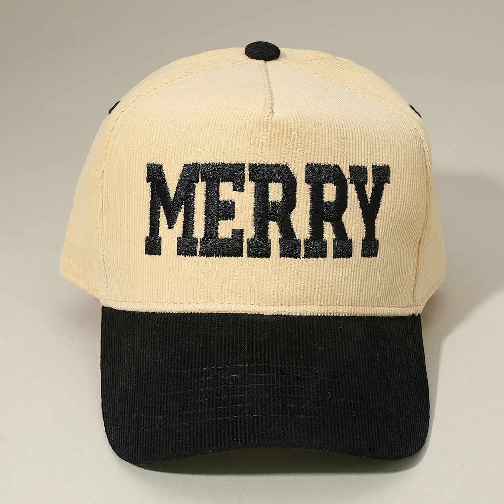 Madeline Love Black MERRY Message Embroidered Corduroy Baseball Cap - Hats