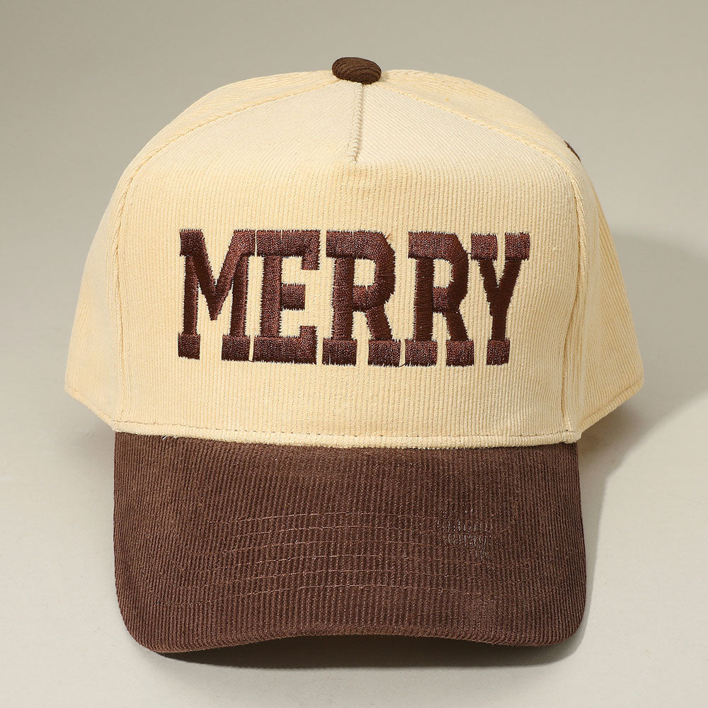 Madeline Love Brown MERRY Message Embroidered Corduroy Baseball Cap - Hats